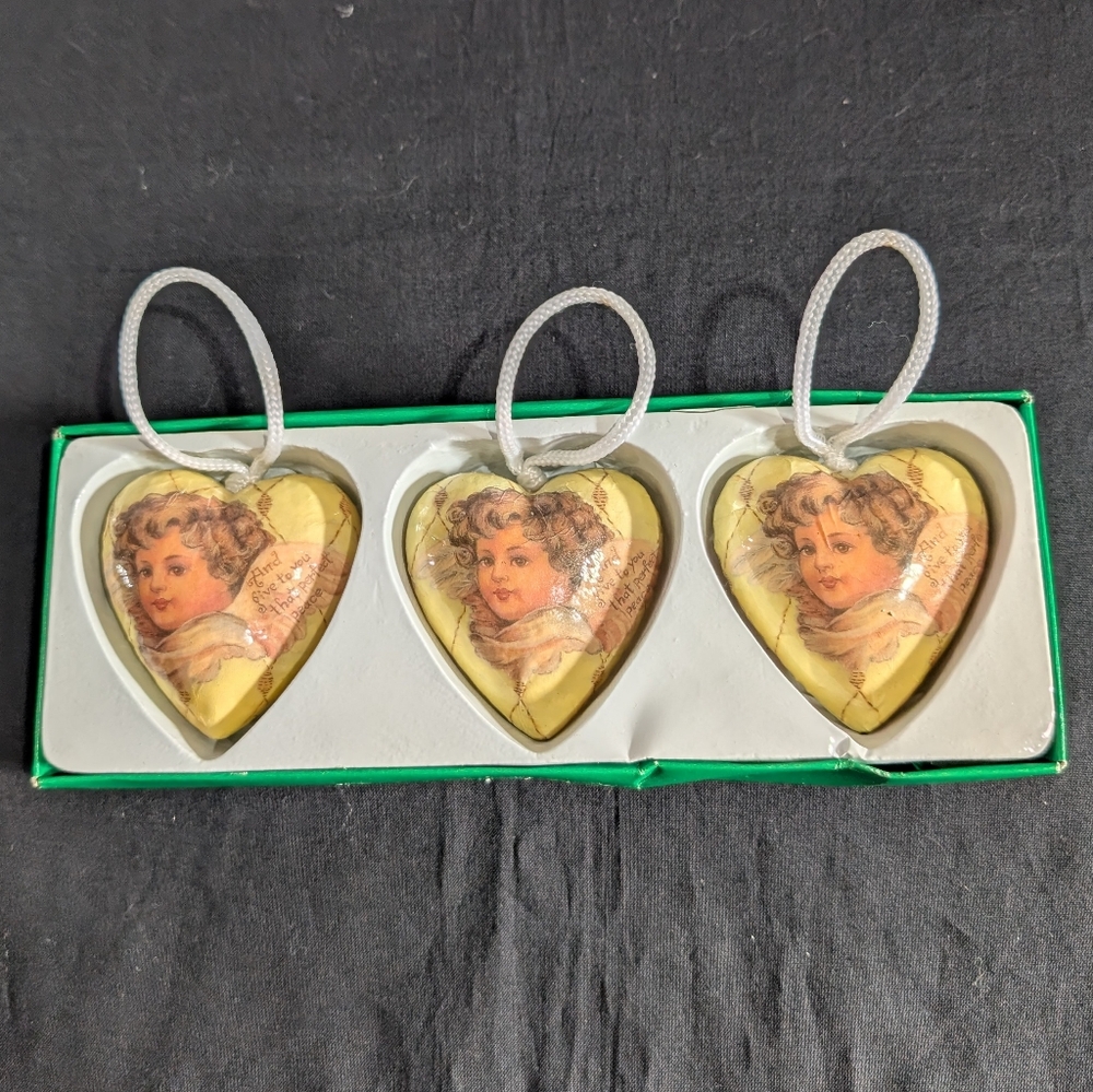 Vtg Victorian Angel Heart Ornaments Set of 3 Paper Decoupage Taiwan Regal